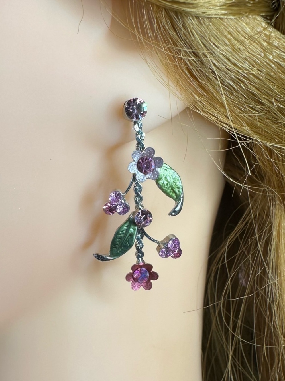 Pink Floral Vine Dangle Earrings | Green Leaf Spring Statement Jewelry